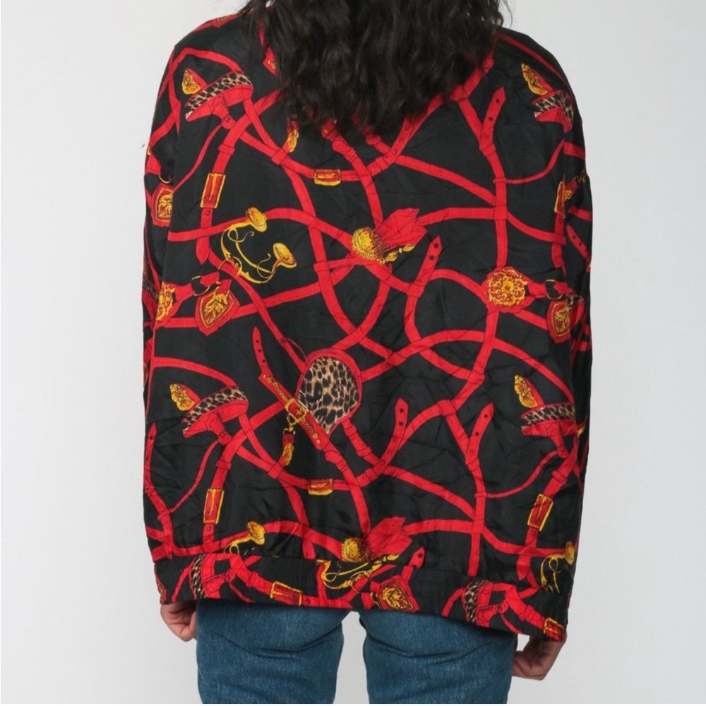 EVR Silk Gold Accessories Repeat Print True Vintage ZipUp Red Gold Bomber Jacket - Picture 17 of 17